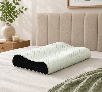 Cylindrical pillow on a bed with a plant and nightstand in the background