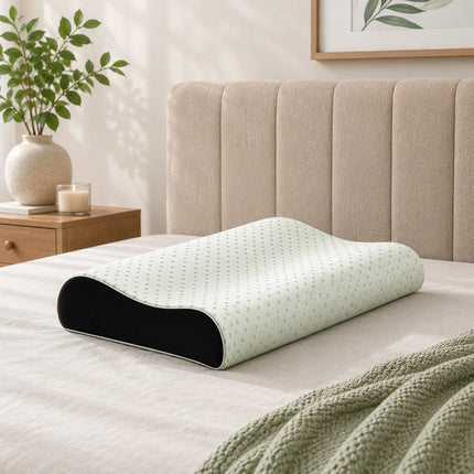 Cylindrical pillow on a bed with a plant and nightstand in the background