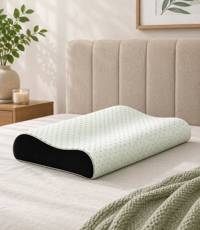 Cylindrical pillow on a bed with a plant and nightstand in the background