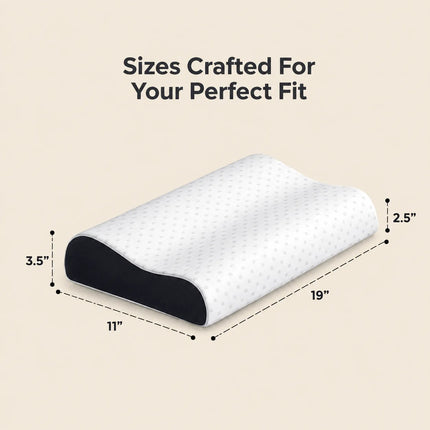 Ergonomic pillow with dimensions on a beige background