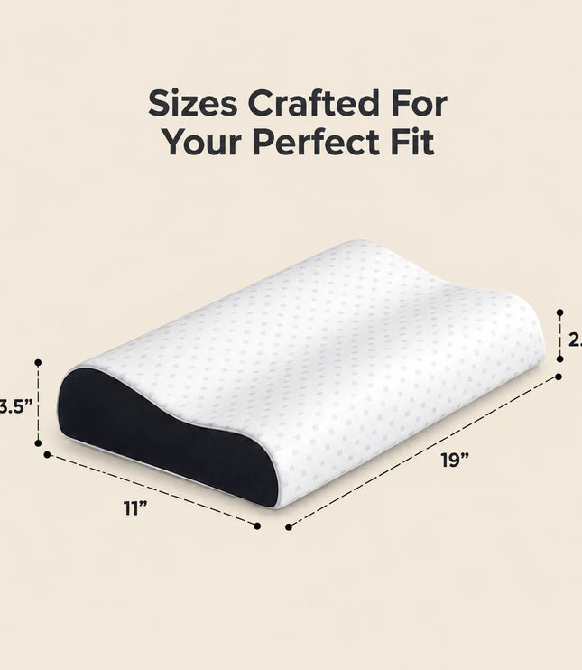 Ergonomic pillow with dimensions on a beige background