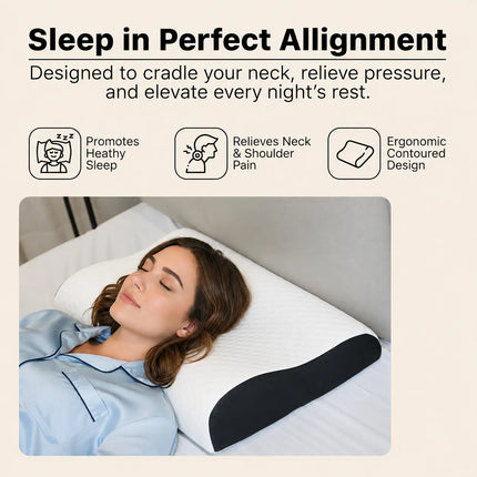 Woman lying on a bed with a neck pillow, featuring text about its benefits.