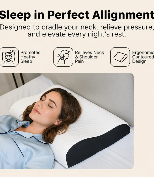 Woman lying on a bed with a neck pillow, featuring text about its benefits.