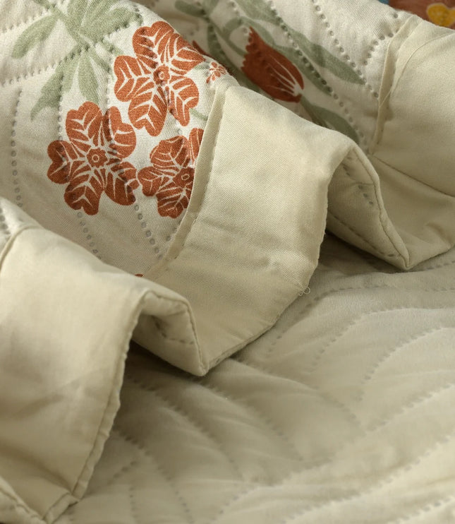 Close-up of a quilt with floral patterns on a textured surface