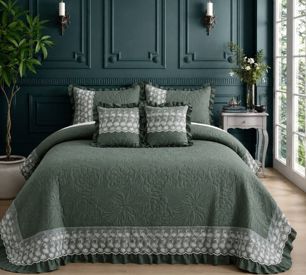 Imperial Lace & Frill Bedcover Set - Forest Green