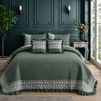 Imperial Lace & Frill Bedcover Set - Forest Green