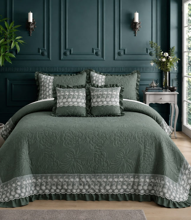 Imperial Lace & Frill Bedcover Set - Forest Green