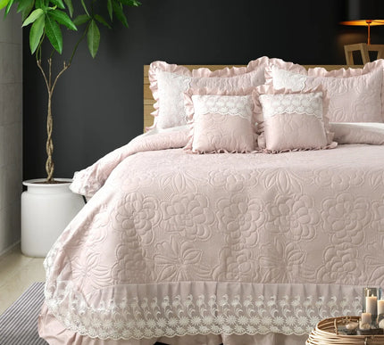 Imperial Lace & Frill Bedcover Set - Baby Pink