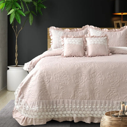 Imperial Lace & Frill Bedcover Set - Baby Pink