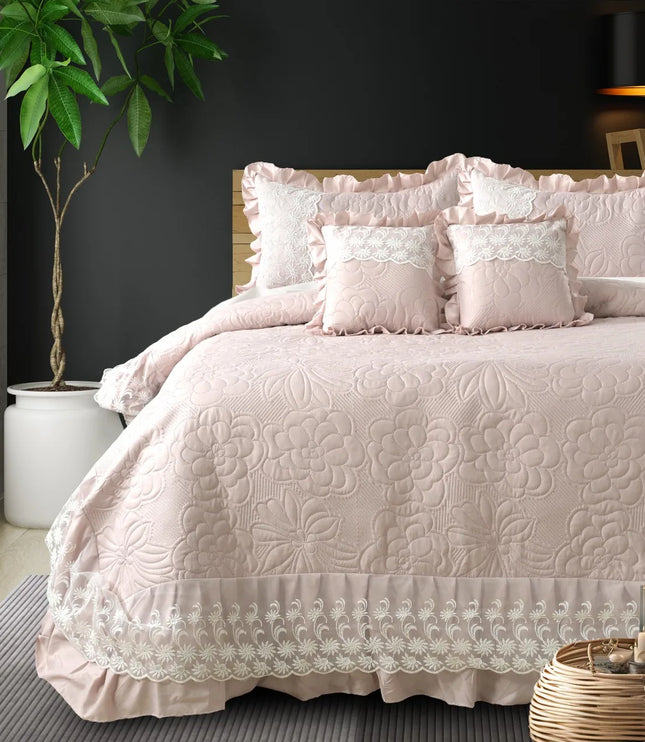 Imperial Lace & Frill Bedcover Set - Baby Pink