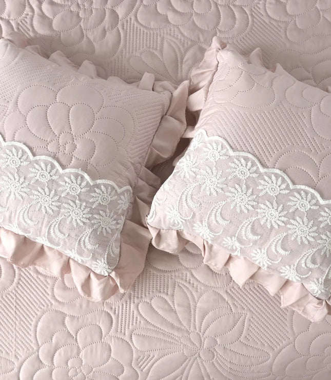 Imperial Lace & Frill Bedcover Set - Baby Pink