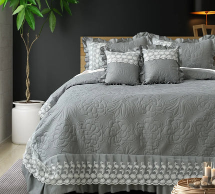 Imperial Lace & Frill Bedcover Set - Grey