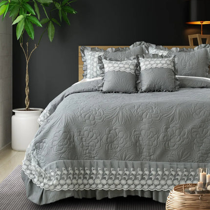 Imperial Lace & Frill Bedcover Set - Grey
