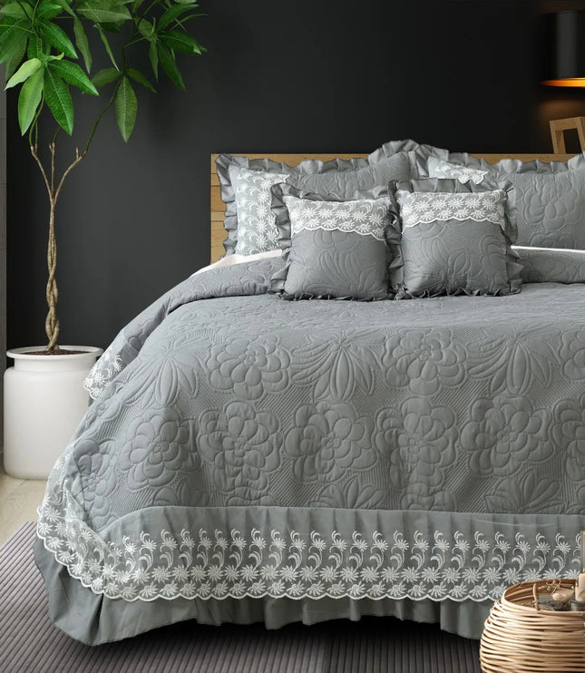 Imperial Lace & Frill Bedcover Set - Grey