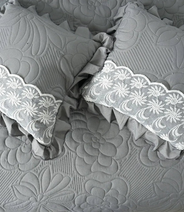 Imperial Lace & Frill Bedcover Set - Grey