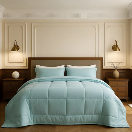 Bedroom with a neatly made bed featuring sky blue bedding and wooden furniture.