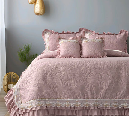 Regal Triple Frill & Gold Lace Bedcover Set - Mauve Pink