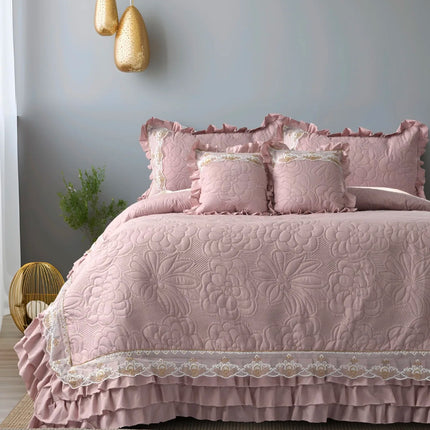 Regal Triple Frill & Gold Lace Bedcover Set - Mauve Pink