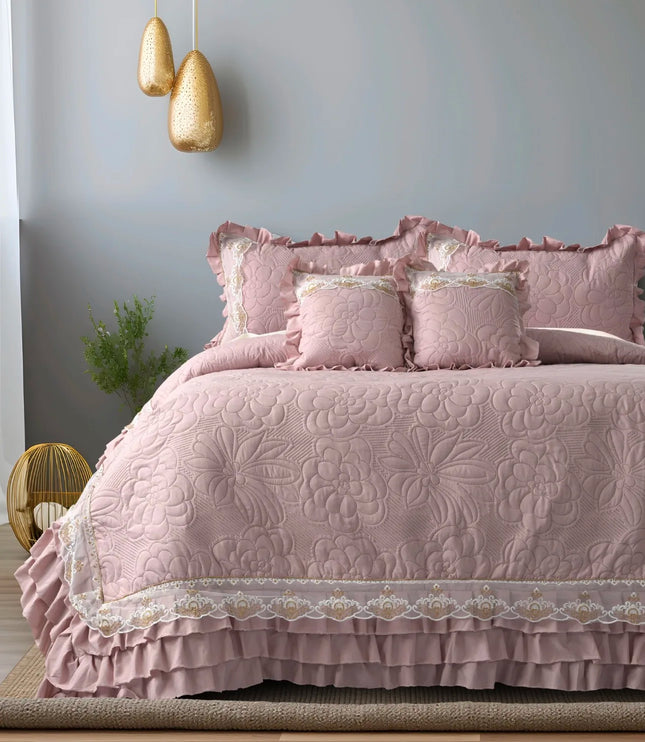 Regal Triple Frill & Gold Lace Bedcover Set - Mauve Pink