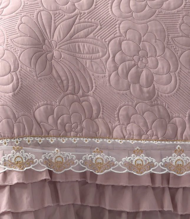 Regal Triple Frill & Gold Lace Bedcover Set - Mauve Pink