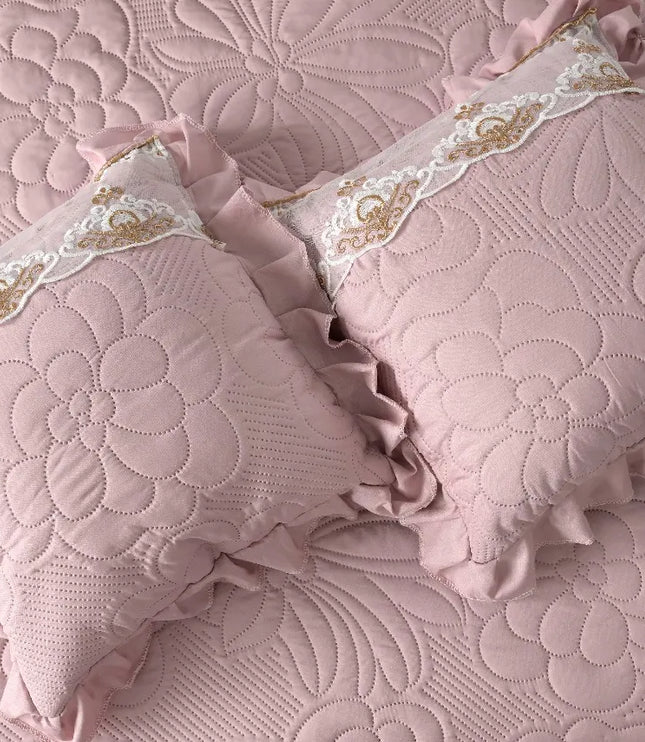 Regal Triple Frill & Gold Lace Bedcover Set - Mauve Pink