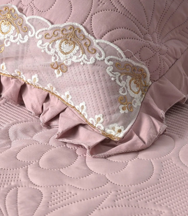 Regal Triple Frill & Gold Lace Bedcover Set - Mauve Pink