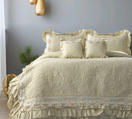 Regal Triple Frill & Gold Lace Bedcover Set Yellow