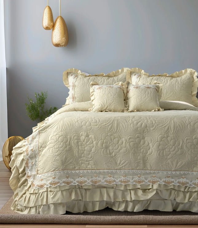 Regal Triple Frill & Gold Lace Bedcover Set Yellow