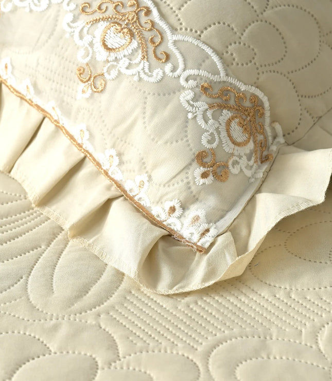 Regal Triple Frill & Gold Lace Bedcover Set Yellow
