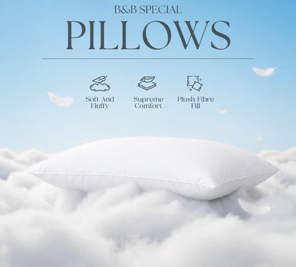White pillow on a cloud with 'B&B Special Pillows' text and features listed.