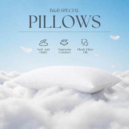 White pillow on a cloud with 'B&B Special Pillows' text and features listed.