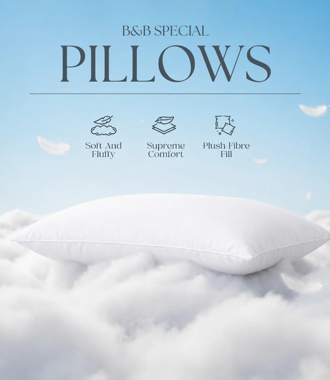 White pillow on a cloud with 'B&B Special Pillows' text and features listed.