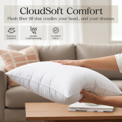 Person holding a CloudSoft Comfort pillow with product features displayed.