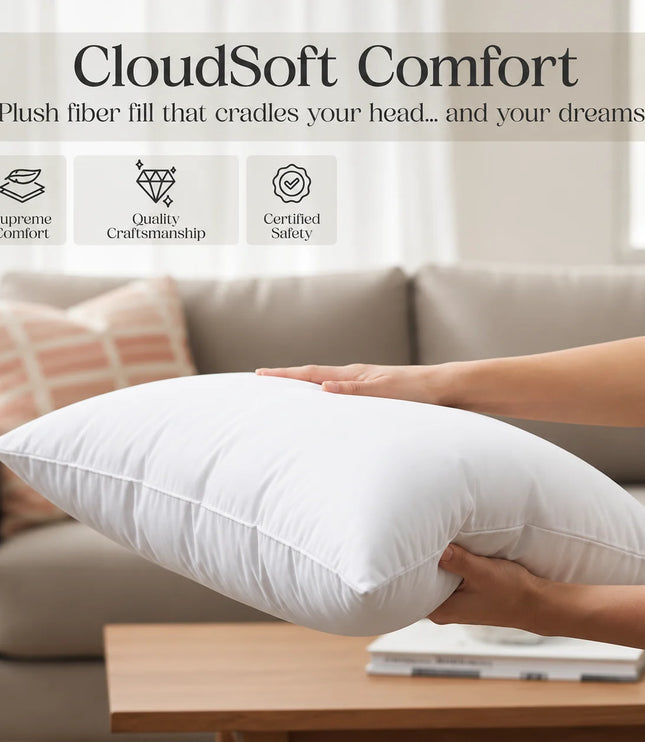 Person holding a CloudSoft Comfort pillow with product features displayed.